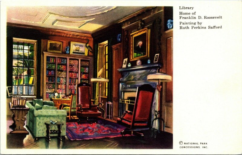 Hyde Park New York NY Roosevelt Home Library Ruth P Safford Painting Postcard