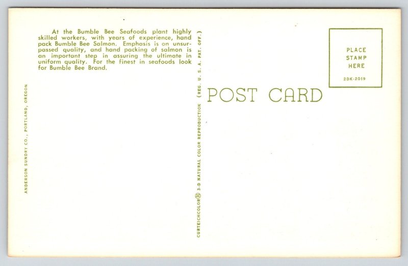 Interior~Astoria Oregon~Bumble Bee Seafoods~Salmon Packing Scene~1950s Postcard