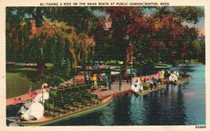 Vintage Postcard Taking A Ride On Swan Boats Public Garden Boston Massachusetts