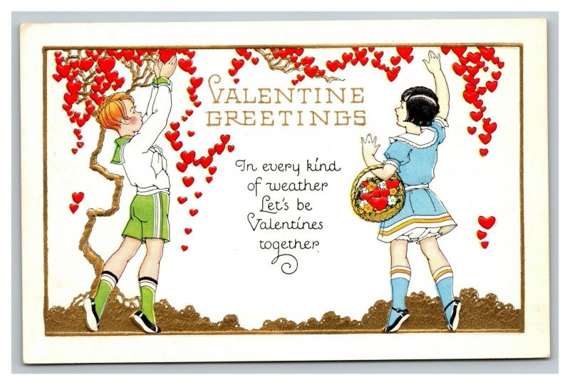 Vintage 1920's Valentine's Day Postcard Cute Children Basket Hearts Gold Border