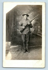 C.1910-20 RPPC U.S. Solder with Springfield Rifle Postcard P165 