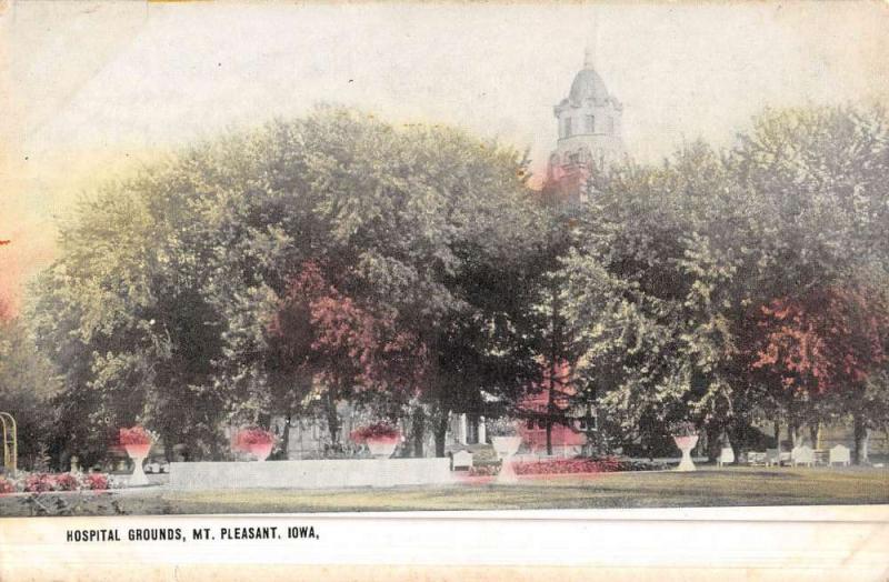 Mt Pleasant Iowa Hospital Grounds Street View Antique Postcard K46652