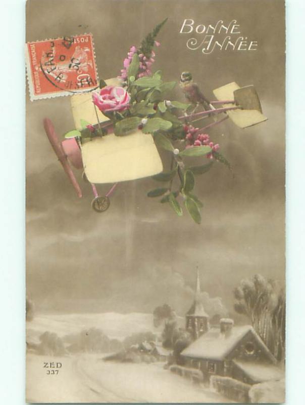 tinted rppc c1910 AIRPLANE WITH FLOWERS AC8992