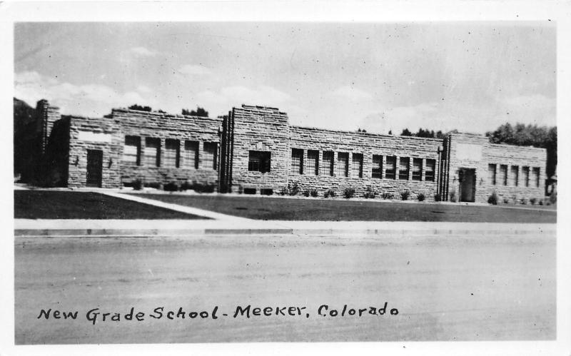 Meeker Colorado~New Grade School~Shrubs Along Front~Vintage RPPC Postcard