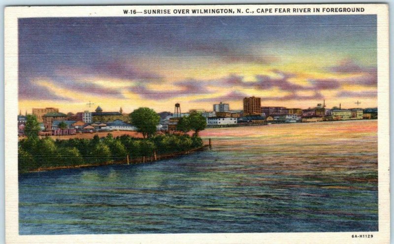 WILMINGTON, North Carolina NC - Sunrise over CAPE FEAR RIVER c1940s Postcard