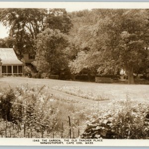 c1930s Yarmouthport, Cape Cod, MA RPPC Garden Old Thacher Place House Porch A186