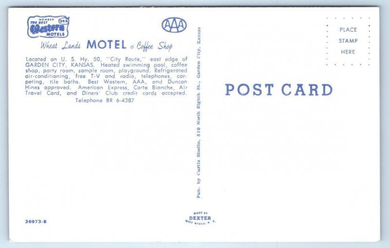 GARDEN CITY, KS Kansas ~ Roadside WHEAT LANDS MOTEL Pool c1950s Car Postcard