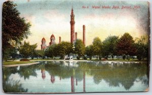 Water Works Park Detriot Michigan MI Lined Trees & Lake View Postcard