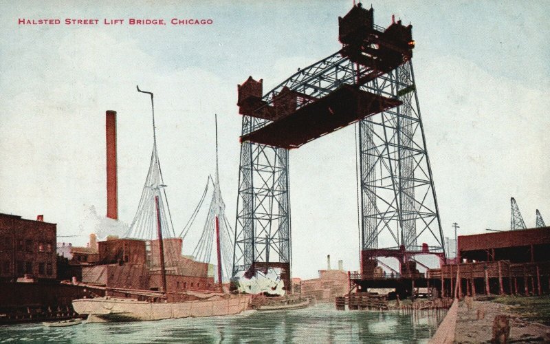 Vintage Postcard 1912 Halsted Street Lift Bridge Chicago Cook County Illinois IL