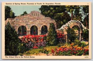 St Augustine Florida~Exterior Spring House Fountain Of Youth~Vtg Linen Postcard