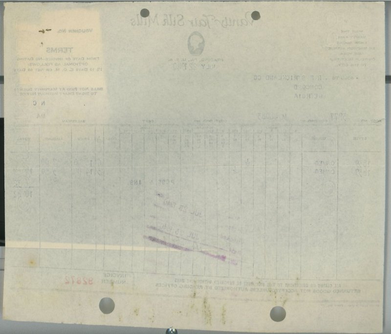 1940 Vanity Fair Silk Mills Reading PA Invoice R.F. Strickland Co. Concord GA160 