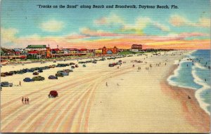 Vtg 1930s Tracks on the Sand Beach Boardwalk Daytona Beach Florida FL Postcard