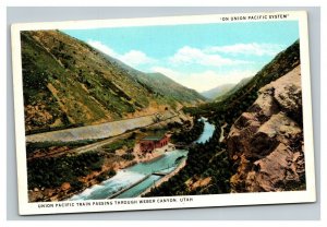 Vintage 1920's Postcard Union Pacific Train Travels Near River Weber Canyon Utah