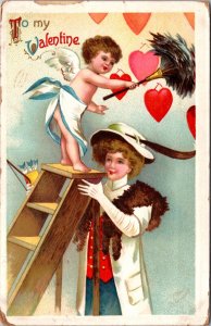 Valentine Postcard Woman Holding Ladder for Cupid Dusting Hearts Hanging on Wall