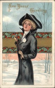 New Year Beautiful Woman Colonial Fashion c1910 Vintage Postcard