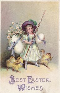 Best EASTER Wishes, Girl Carrying An Eggshell Full Of Daisies, Chicks, PU-1910