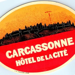 c1930s Carcassonne, France Luggage Label Hotel De La Cite Citadel Roudiere C42