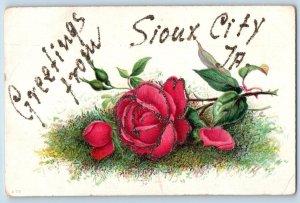 Sioux City Iowa IA Postcard Greetings Rose Flower & Leaves Scene c1910s Antique
