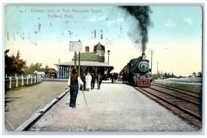 1909 Chicago Train At Pere Marquette Depot Holland Michigan MI Antique Postcard 