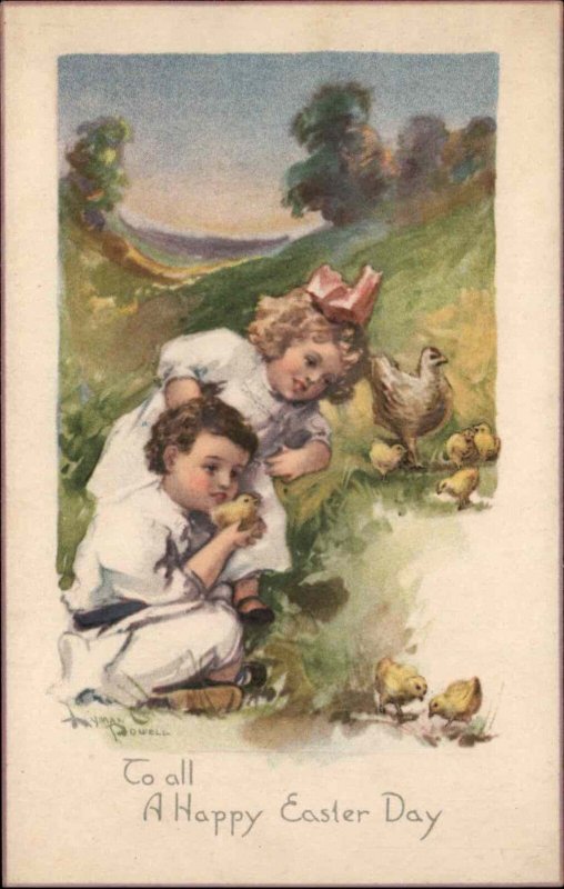 Lyman Powell Easter Little Girl and Boy with Chicks Vintage Postcard