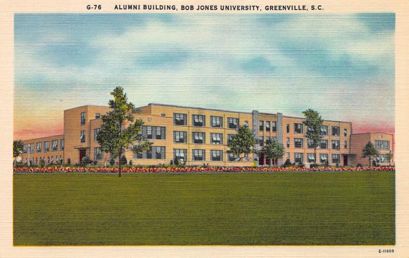 Alumni Building, Bob Jones University, Greenville, NC, Early Postcard, Unused