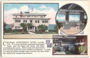 COLONIAL APARTMENT HOTEL La Jolla, CA San Diego Interiors 1920s Vintage Postcard