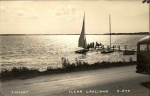 Clear Lake Iowa IA Sunset Sailboat Real Photo Vintage Postcard