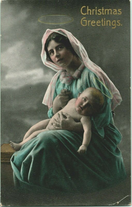 Vtg Carte Postale 1914 Cppr Teinté Noël Voeux - Mary Avec Halo & Bébé Jésus