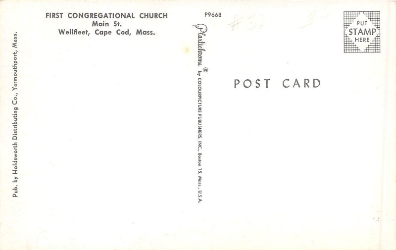 Wellfleet Cape Cod Massachusetts 1950s Postcard First Congregational Church