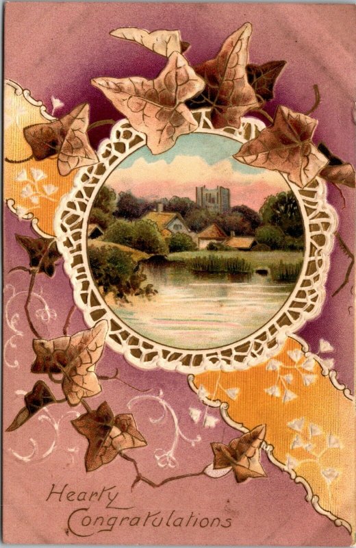 Hearty Congratulations  - FARM NATURE LAKE SCENE - VINTAGE POSTCARD - 1909