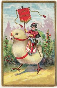 EASTER   CHILD in UNIFORM rides LARGE CHICK postcard