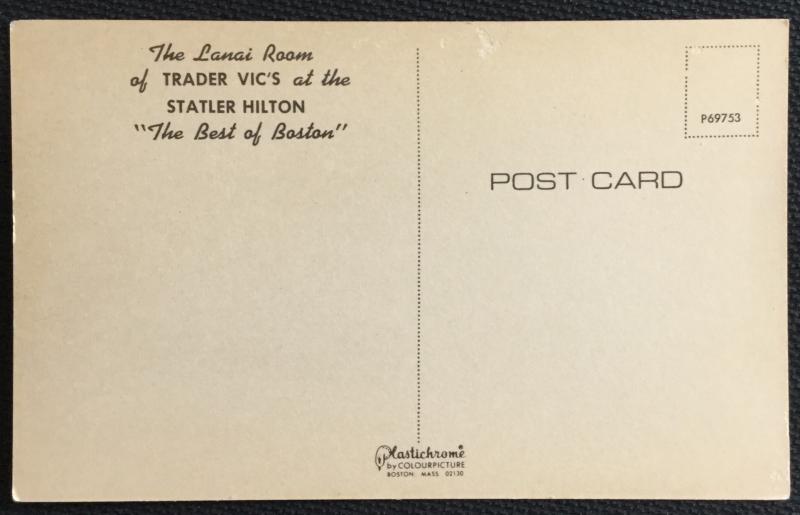 Postcard Unused Trader Vic's at Statler Hilton Boston MA LB