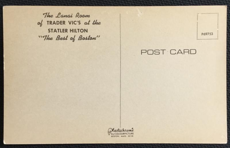 Postcard Unused Trader Vic's at Statler Hilton Boston MA LB