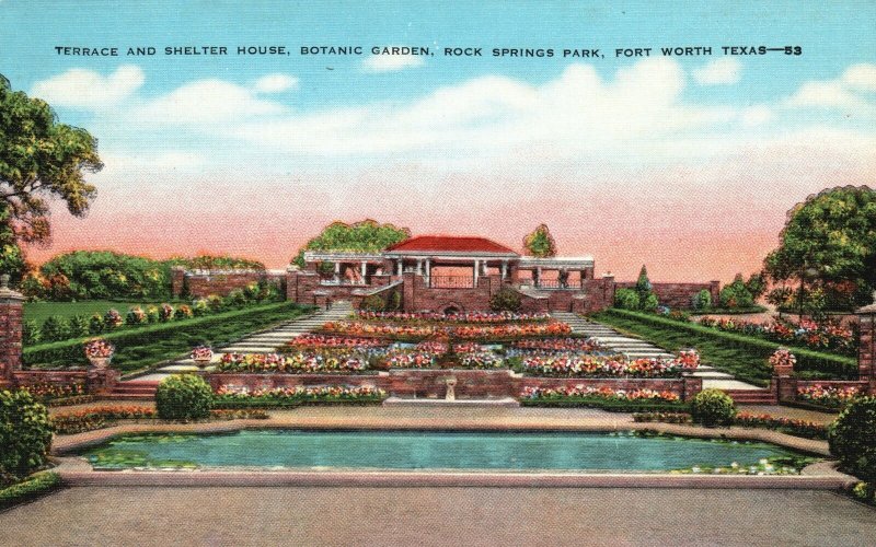 Vintage Postcard 1930s Terrace Shelter Botanic Garden Rock Springs Ft. Worth TX