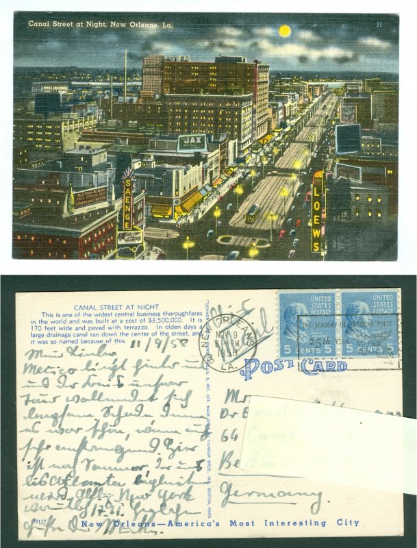 USA 1958. New Orleans La. Canal Street at Night. Postal Used to Germany