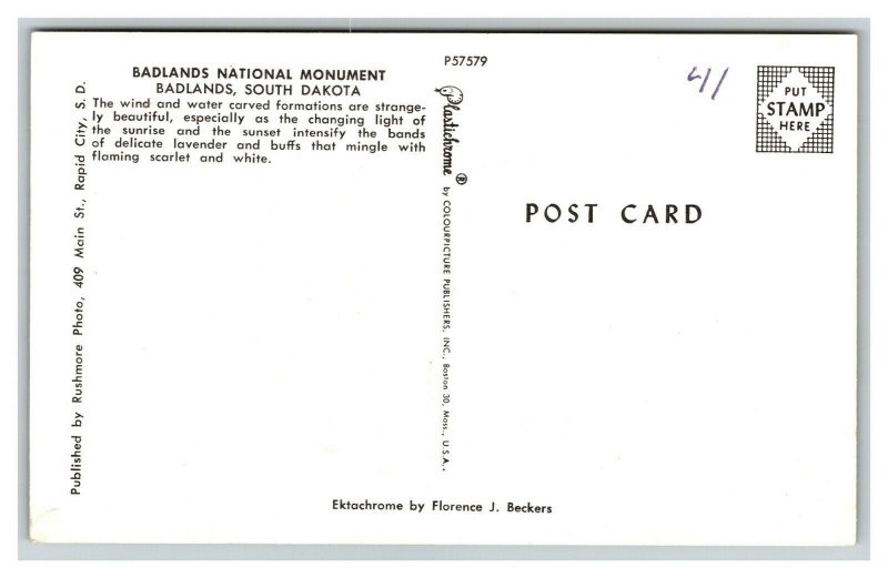 Vintage 1940's Postcard Badlands National Monument Badlands South Dakota