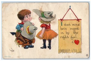 1914 Children Romance I Don't Mind Bein Roped Heart Wall Signed Antique Postcard