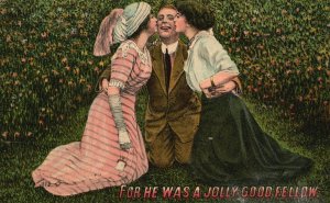 Vintage Postcard 1910's Man & Women Artwork For He Was A Jolly Good Fellow