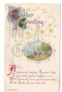 Easter Greeting, Rural Scene, Flowers, Vintage 1910 Embossed Winsch Postcard