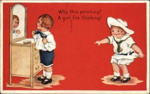 Valentine Little Boy Spies on Friend Getting Ready for Girl Vintage Postcard
