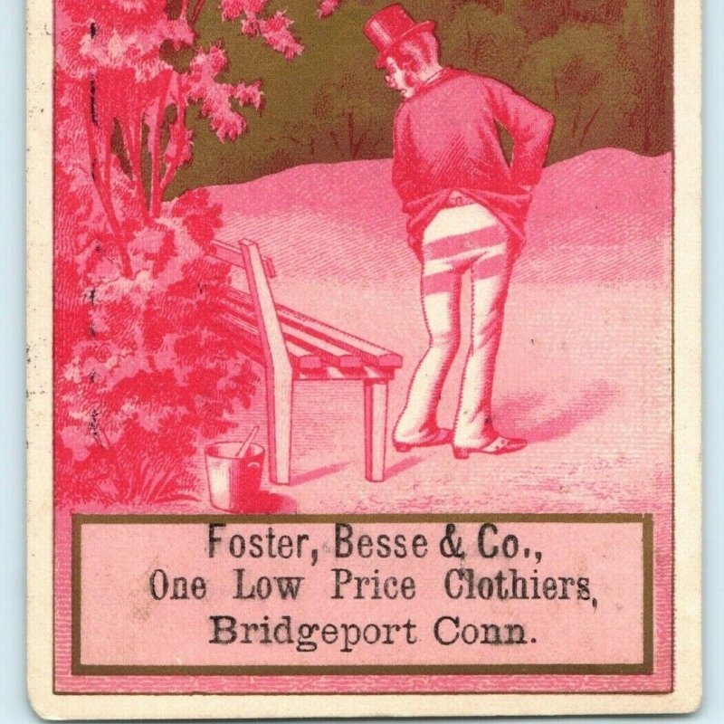 1880s Bridgeport CT Foster Besse Clothier Trade Card Comedy Steam Job Printer C9