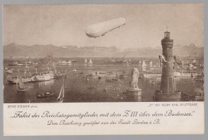 Mint Zeppelin Z3 flying over Stuttgart germany lake postcard museum cancel