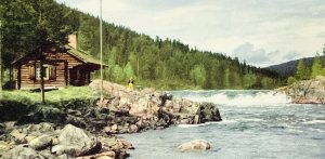 Vintage Postcard German Alvdalen Sweden Cabin Man Fishing River