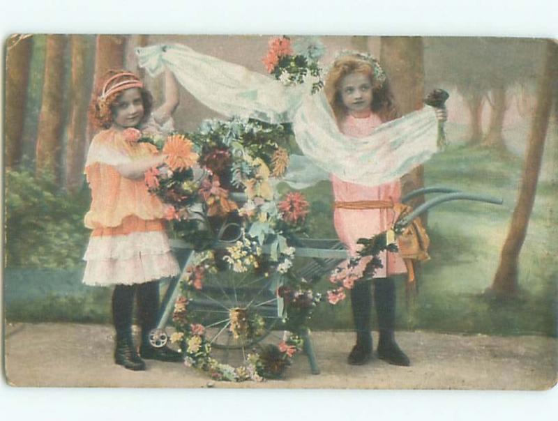 Pre-Linen GIRLS WITH ANTIQUE WHEELBARROW FULL OF FLOWERS AC2082