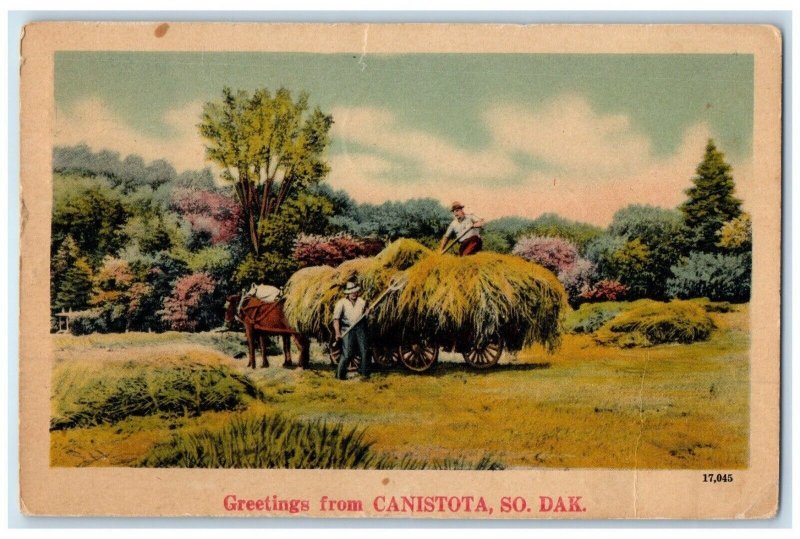 c1946 Greetings From Farming Horse Carriage Canistota South Dakota SD Postcard