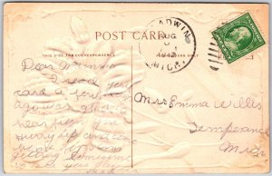 1910's Embossed Aster Calligraphic Border Greetings Michigan MI Posted Postcard
