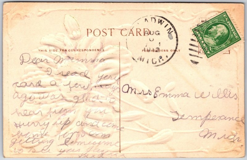 1910's Embossed Aster Calligraphic Border Greetings Michigan MI Posted Postcard