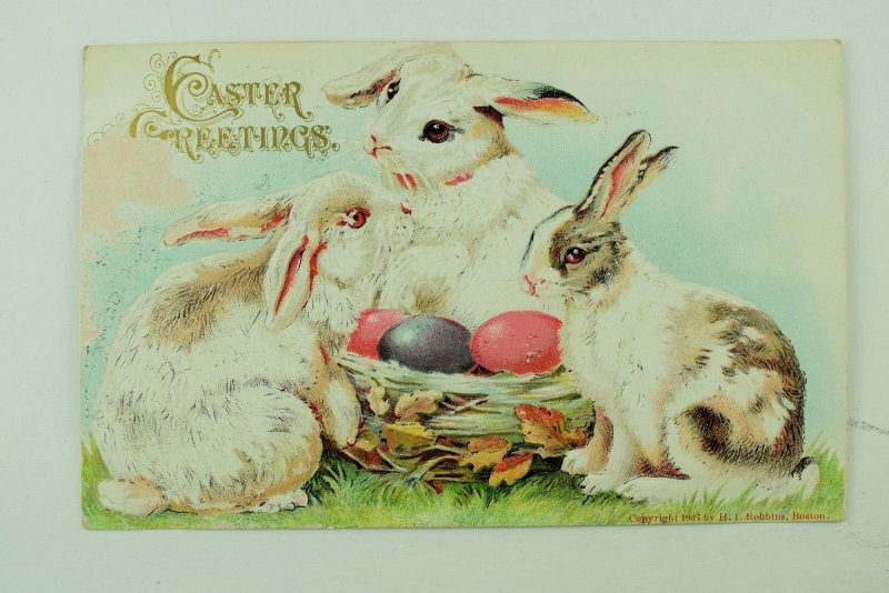 Embossed Germany C. 1910 Easter Postcard Rabbits & Nest Of Colored Eggs P77 