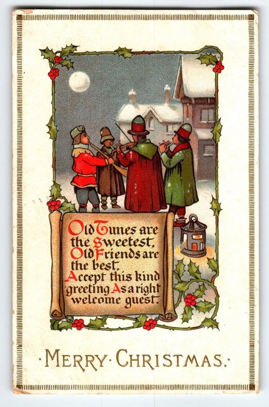 Christmas Postcard Musicians Outside Village Moon Blogett Boston Germany 1912