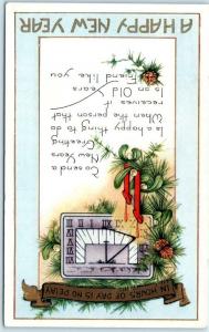 Arts and Crafts  A HAPPY NEW YEAR  Clock, Verse ca 1910s Whitney  Postcard